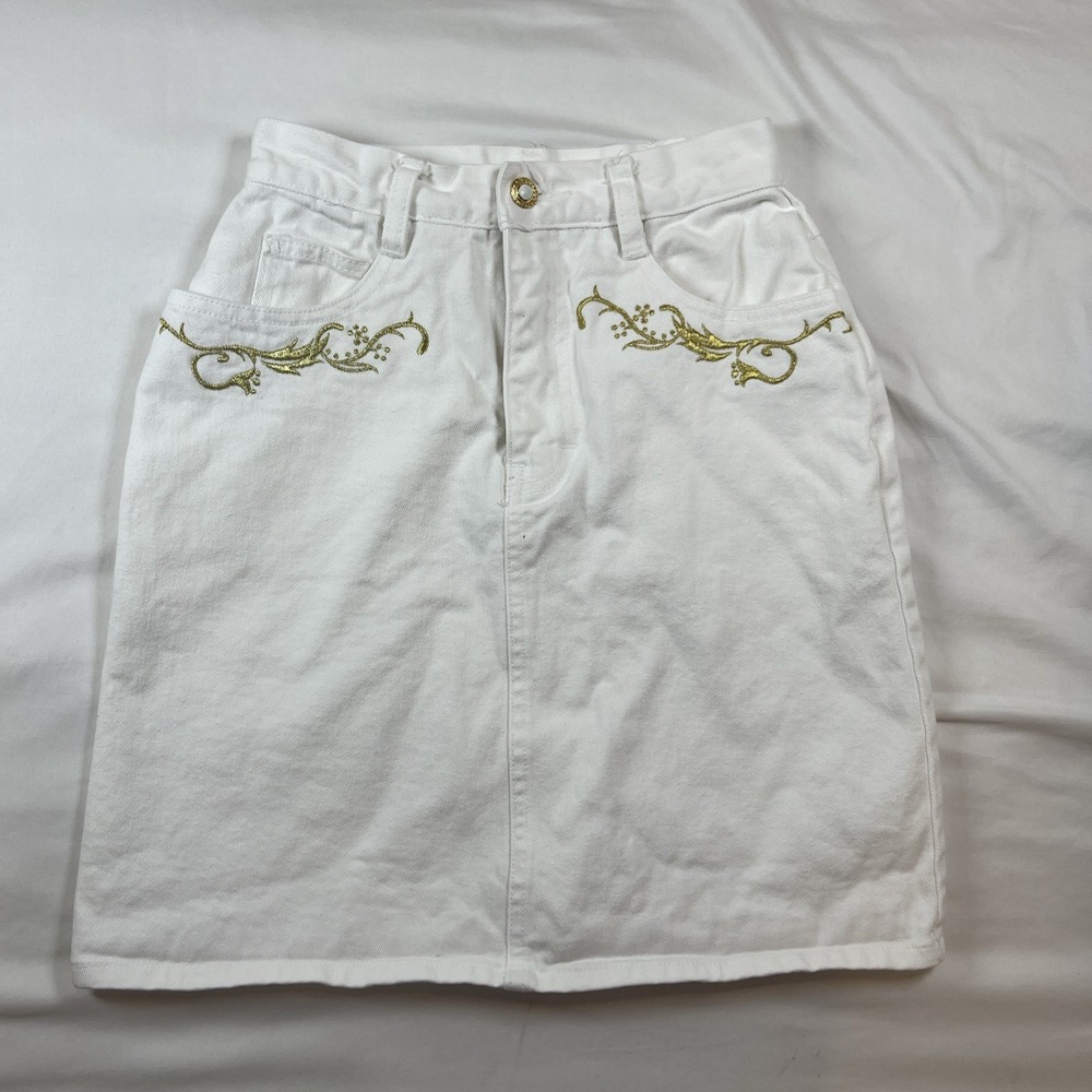 Vintage 80s 90s Jordache Womens Size 3/4 White Denim Pencil Skirt Gold